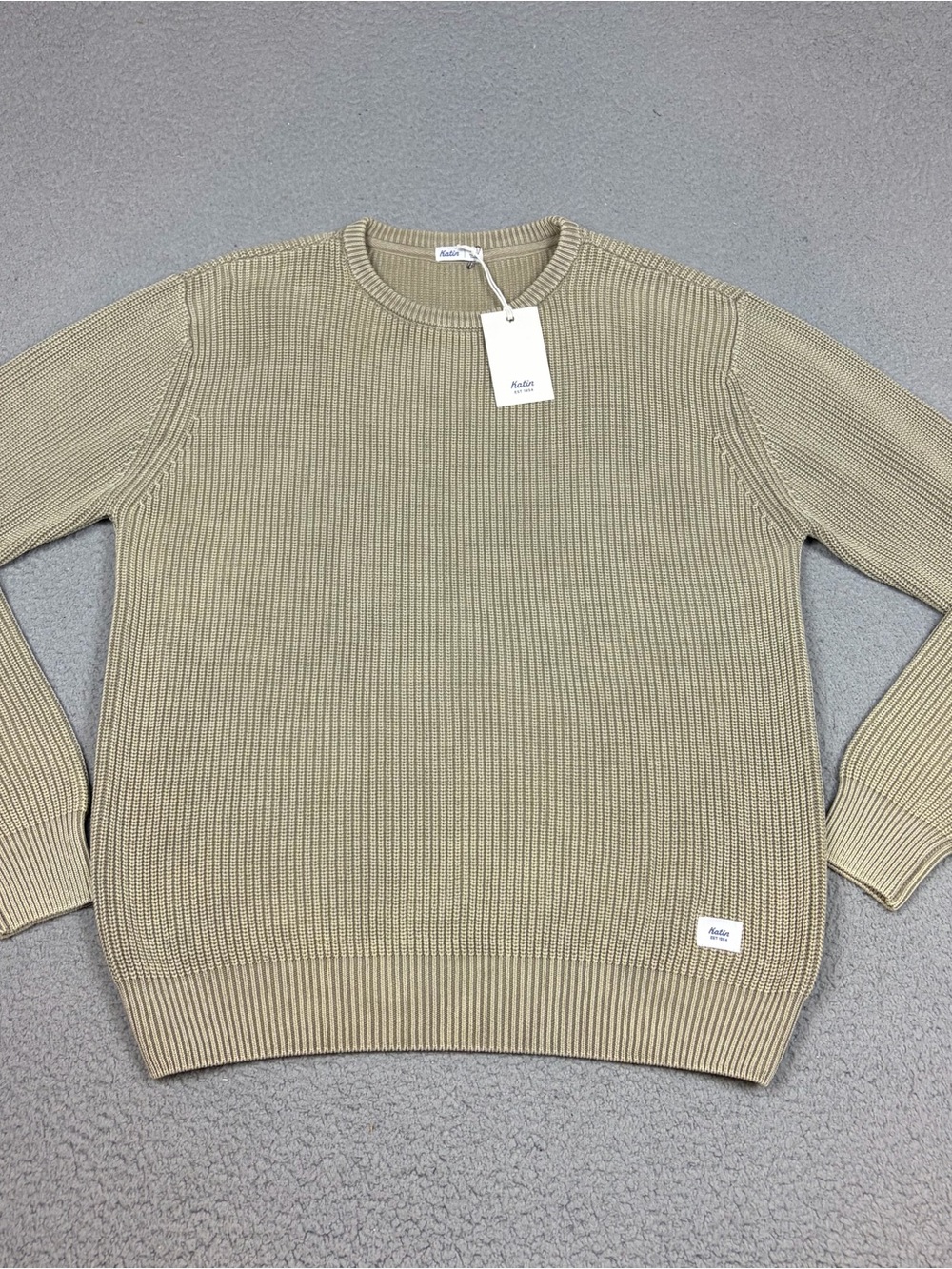 Katin Swell Sweater Men's Large Beige Tan Crewneck Knit Ribbed Cotton NWT